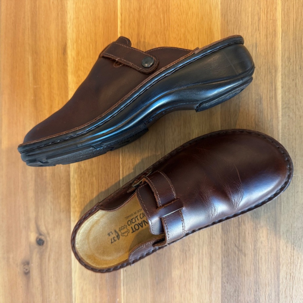 Naot Women 6-6.5 EU 37 Brown Leather Clog Mule Buckle Strap Comfort Shoes Israel